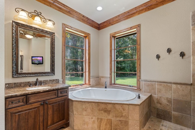 4207 S Chestnut St, Lufkin, TX 75901 - bathroom with vanity, a bath, ornamental molding, and plenty of natural light
