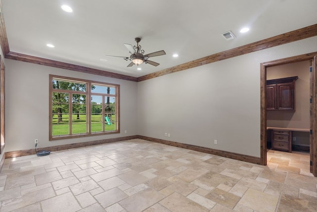 4207 S Chestnut St, Lufkin, TX 75901 - empty room featuring a ceiling fan, ornamental molding, baseboards, stone tile flooring, and recessed lighting