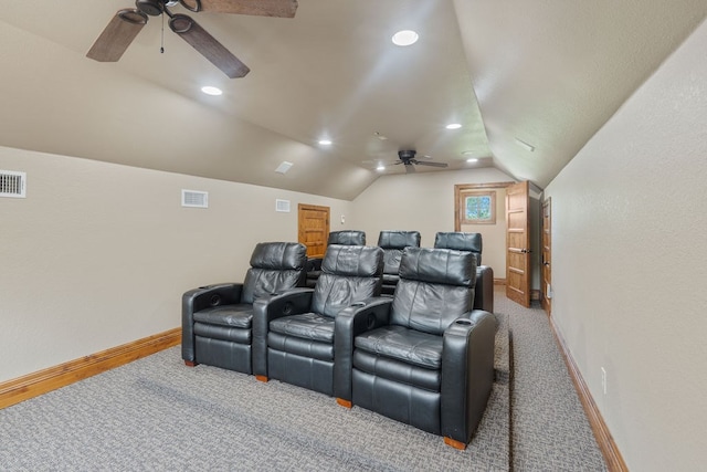 4207 S Chestnut St, Lufkin, TX 75901 - carpeted cinema featuring a ceiling fan, vaulted ceiling, baseboards, and recessed lighting