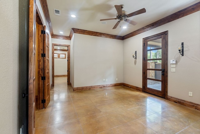 4207 S Chestnut St, Lufkin, TX 75901 - empty room with ornamental molding, ceiling fan, baseboards, and light tile patterned flooring