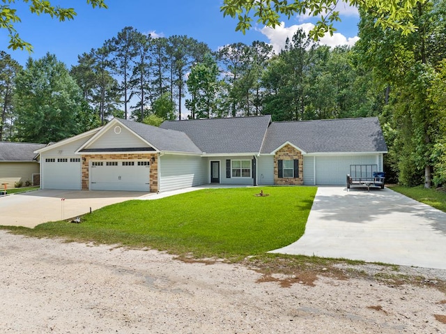 138 Breezeway Dr, Brookeland, TX 75931 - view of front of house with stone siding, driveway, a garage, a front lawn, and a shingled roof