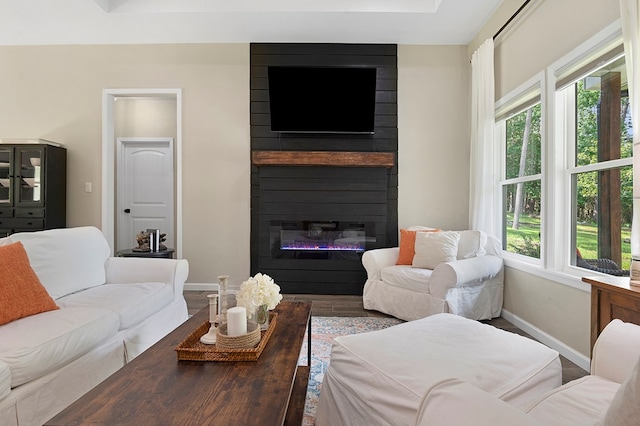 155 Sweetbriar Ct, Brookeland, TX 75931 - living room featuring healthy amount of natural light, a fireplace, and wood finished floors