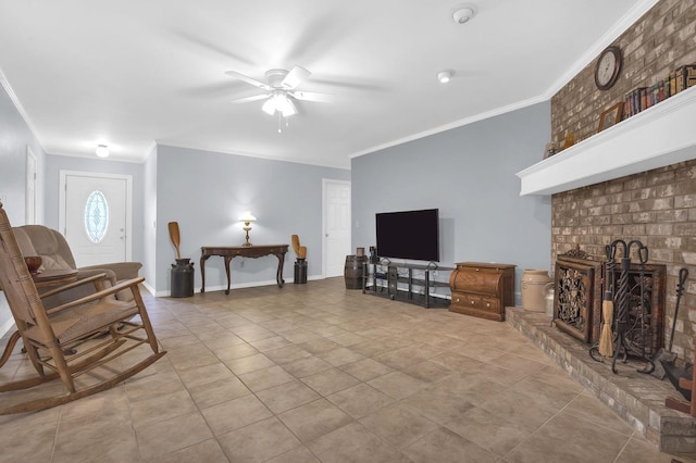 tiled living room with ceiling fan and ornamental molding