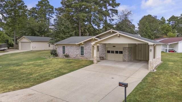 single story home with a front lawn, a garage, and a carport