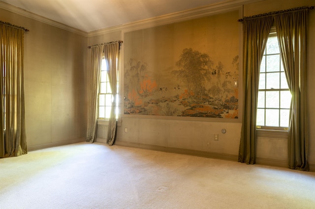 unfurnished room featuring light colored carpet and ornamental molding