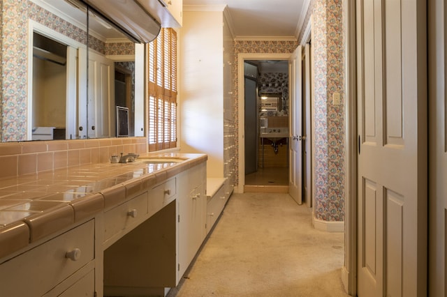 bathroom featuring tasteful backsplash, crown molding, and sink