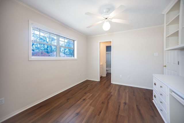 3712 Ashbury Ln, Nacogdoches, TX 75965 - unfurnished bedroom with dark wood finished floors, baseboards, ornamental molding, and ceiling fan