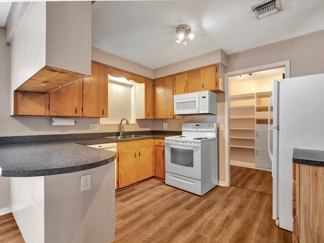 kitchen with visible vents, a sink, dark countertops, white appliances, and a peninsula