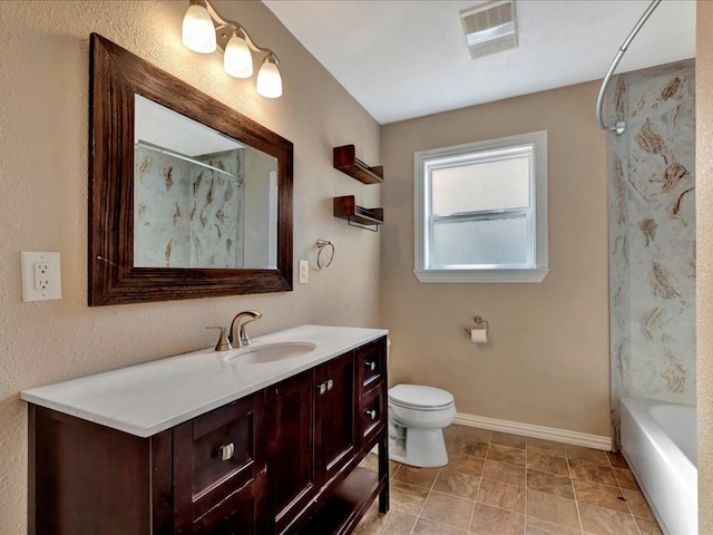 full bath featuring visible vents, baseboards, walk in shower, toilet, and vanity