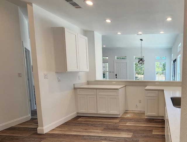 kitchen featuring white cabinetry and dark wood-type flooring