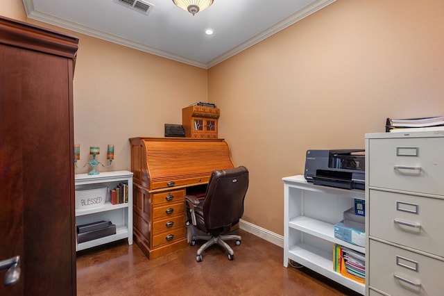 home office featuring crown molding