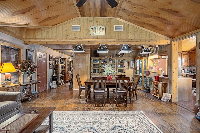 dining space with wooden walls, dark hardwood / wood-style flooring, wooden ceiling, and lofted ceiling