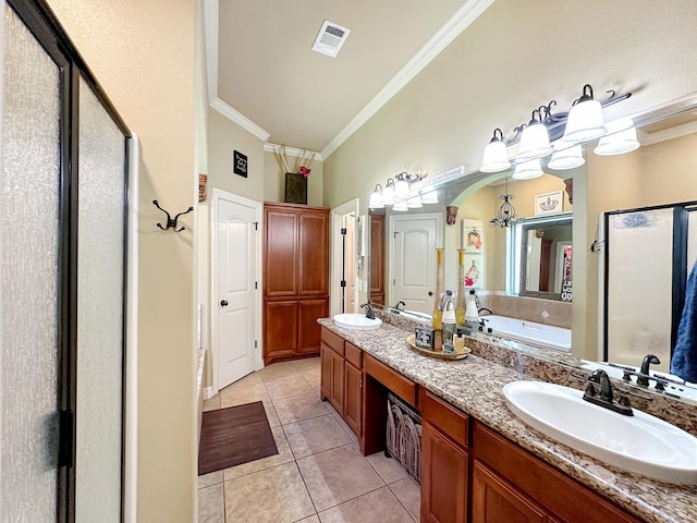 bathroom featuring vanity, crown molding, tile patterned flooring, walk in shower, and a notable chandelier