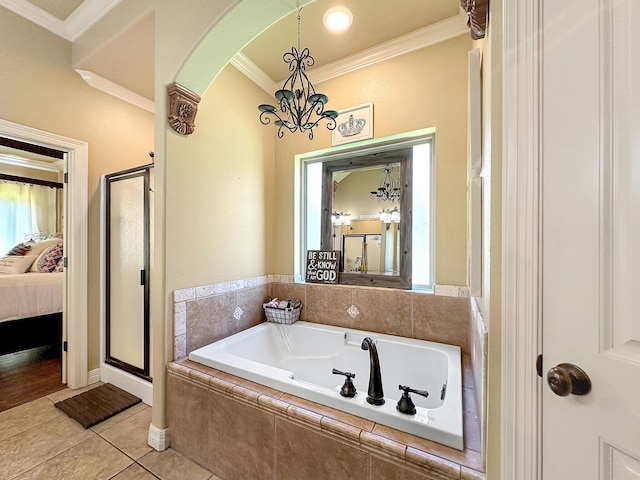 bathroom with a chandelier, shower with separate bathtub, tile patterned floors, and crown molding