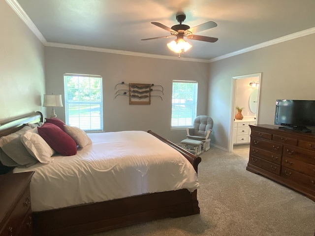 429 Derek Rd, Lufkin, TX 75904 - bedroom featuring light carpet, crown molding, a ceiling fan, and ensuite bath