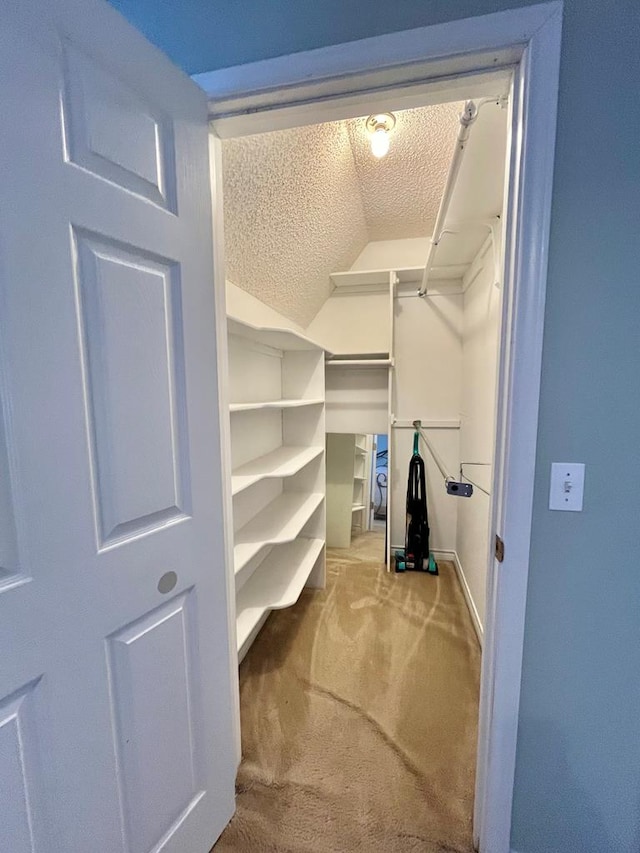 walk in closet featuring carpet floors and lofted ceiling