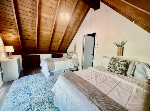 bedroom featuring hardwood / wood-style floors, vaulted ceiling with beams, and wooden ceiling