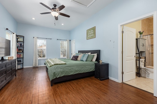 bedroom featuring dark hardwood / wood-style floors and ceiling fan