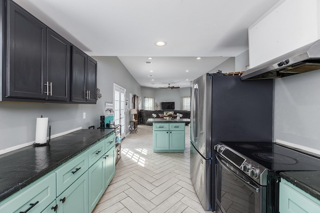 kitchen featuring green cabinetry, ventilation hood, kitchen peninsula, range with electric cooktop, and light parquet floors