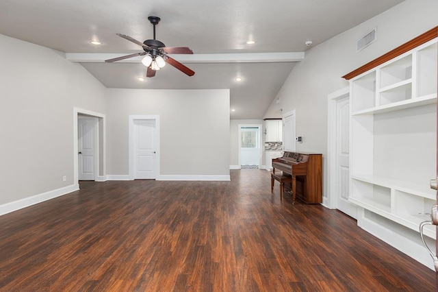 unfurnished living room with ceiling fan, dark hardwood / wood-style flooring, beamed ceiling, and high vaulted ceiling