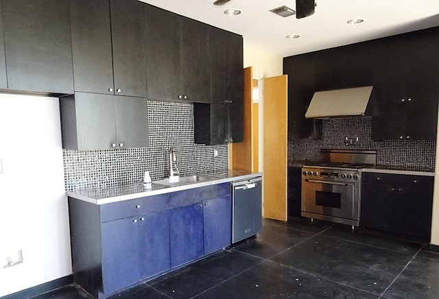 kitchen with exhaust hood, dark tile patterned flooring, sink, decorative backsplash, and appliances with stainless steel finishes