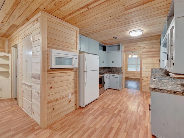 2524 US Highway 69 N, Lufkin, TX 75904 - kitchen with white appliances, wood ceiling, wooden walls, light wood-style floors, and dark countertops