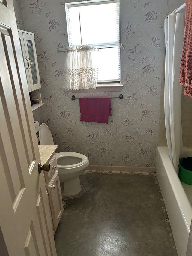 full bathroom with shower / bathtub combination with curtain, vanity, toilet, and concrete flooring