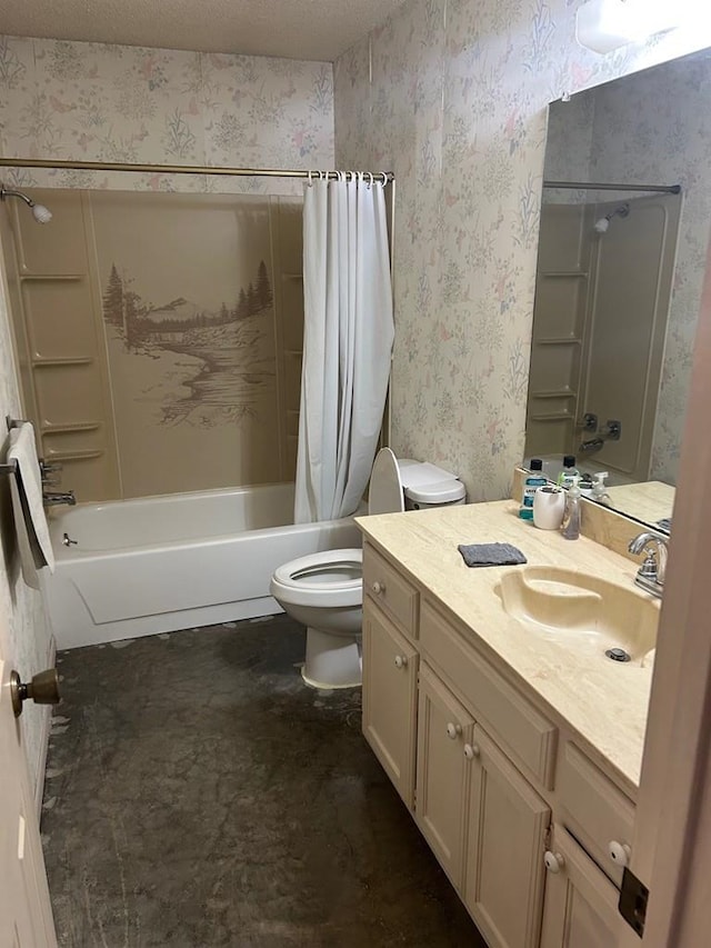 full bathroom featuring vanity, a textured ceiling, toilet, and shower / bath combo with shower curtain