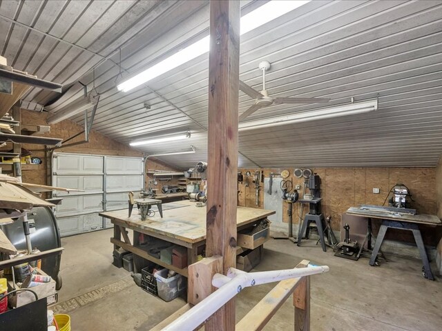 garage with a workshop area