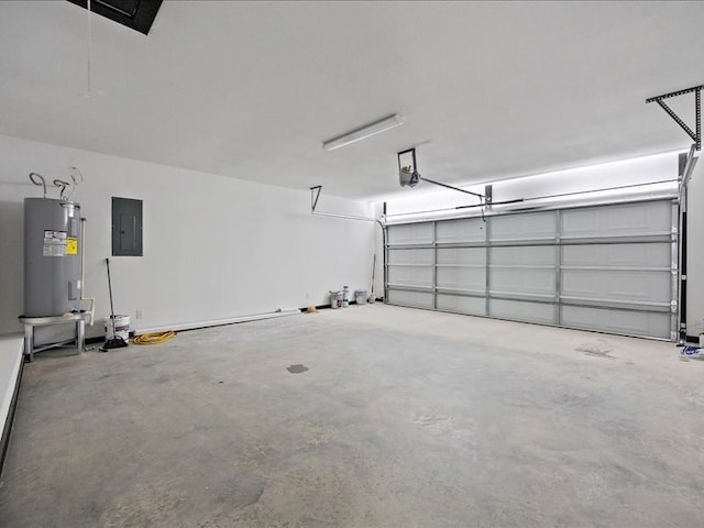 garage featuring a garage door opener, electric panel, and water heater