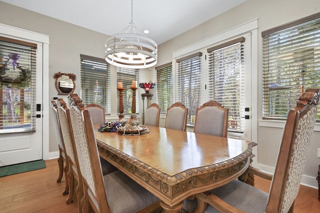 373 Duffer Dr, Brookeland, TX 75931 - dining space featuring a chandelier, wood finished floors, recessed lighting, and baseboards