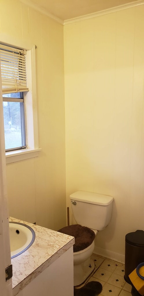 bathroom featuring crown molding, tile patterned flooring, vanity, and toilet