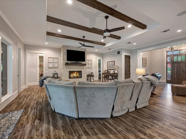 410 Brentwood Dr, Lufkin, TX 75901 - living area with a fireplace, a ceiling fan, dark wood-type flooring, recessed lighting, and a raised ceiling