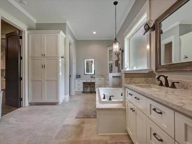 410 Brentwood Dr, Lufkin, TX 75901 - full bathroom with ornamental molding, two vanities, and a garden tub