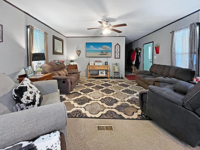 220 N Pamela Dr, Brookeland, TX 75931 - living area featuring ceiling fan, carpet floors, and ornamental molding