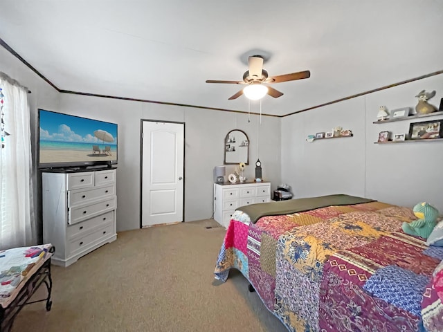 220 N Pamela Dr, Brookeland, TX 75931 - carpeted bedroom featuring ceiling fan and crown molding