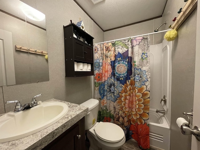 220 N Pamela Dr, Brookeland, TX 75931 - full bath featuring vanity, shower / bath combination with curtain, a textured ceiling, and a textured wall