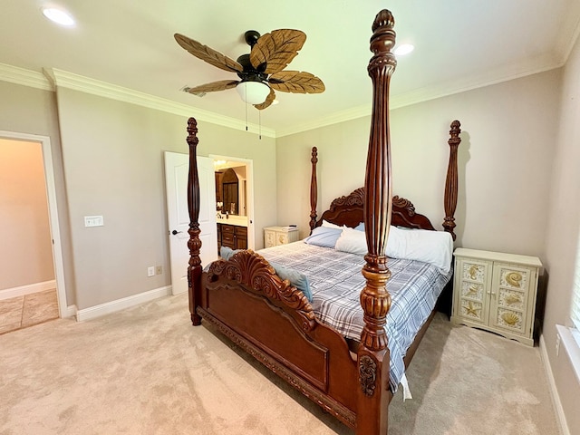 300 Deer Trace Blvd, Diboll, TX 75941 - bedroom featuring light carpet, crown molding, ensuite bathroom, and a ceiling fan