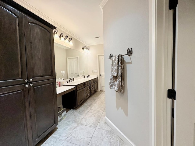 300 Deer Trace Blvd, Diboll, TX 75941 - bathroom featuring crown molding, double vanity, and marble finish floors