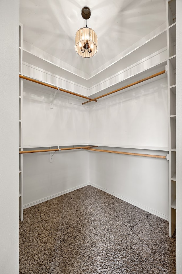 walk in closet featuring dark colored carpet and a chandelier