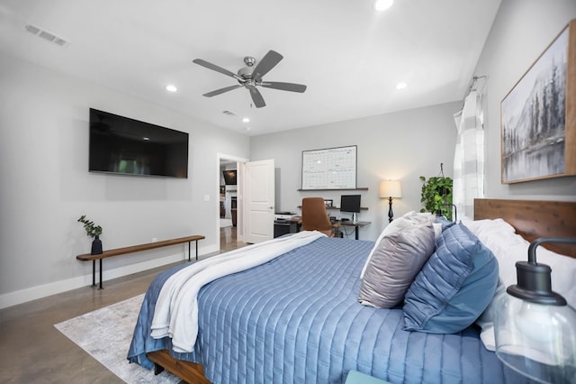 bedroom with visible vents, recessed lighting, finished concrete flooring, and baseboards