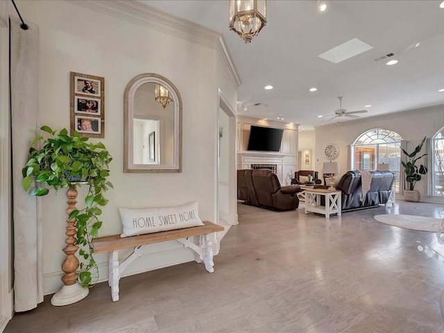 hallway with wood-type flooring and crown molding