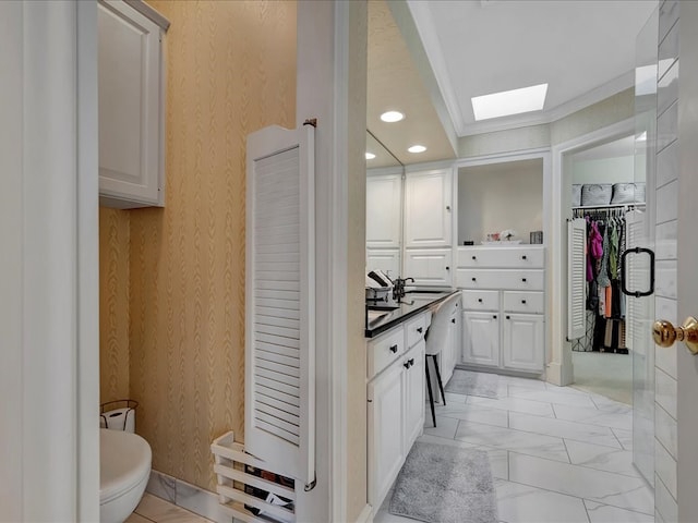 bathroom featuring a skylight, vanity, and toilet