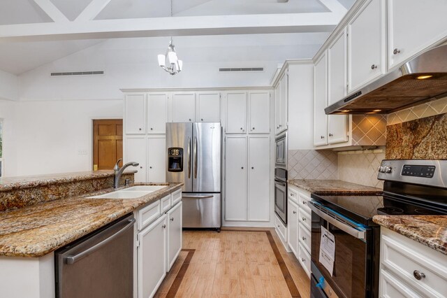 kitchen featuring stainless steel appliances, sink, pendant lighting, white cabinets, and light hardwood / wood-style floors