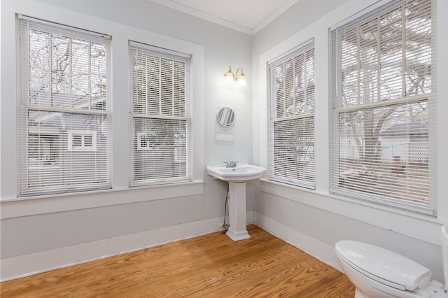 half bathroom with baseboards, crown molding, toilet, and wood finished floors