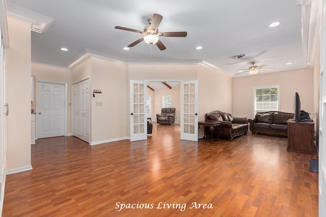 living room with ornamental molding, french doors, a ceiling fan, and wood finished floors