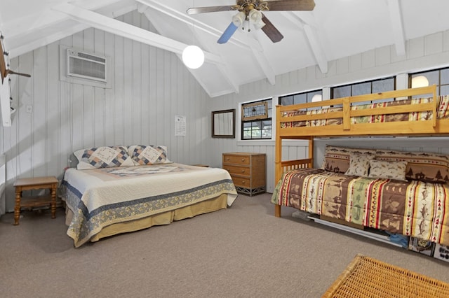 bedroom featuring ceiling fan, vaulted ceiling with beams, a wall mounted AC, carpet floors, and wooden walls