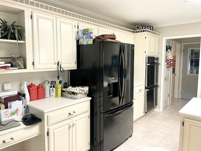 kitchen featuring black fridge, light tile patterned floors, crown molding, and double oven