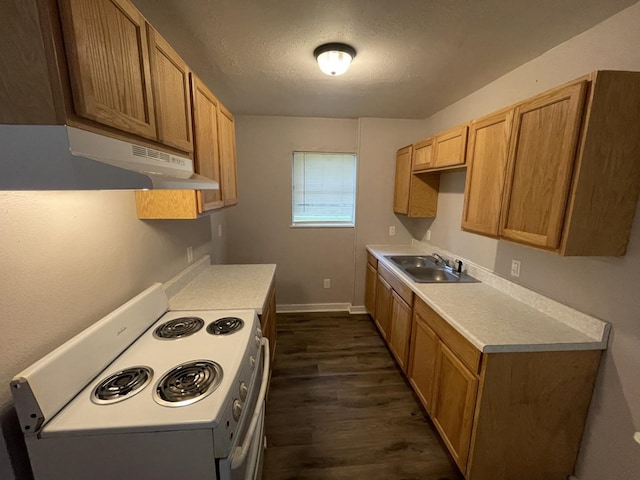 kitchen with white electric stove, sink, a textured ceiling, and dark hardwood / wood-style flooring