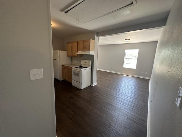 kitchen featuring dark wood-type flooring and white appliances